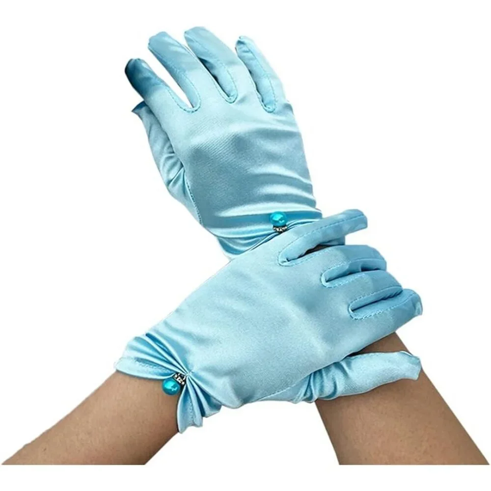 Women's Blue Satin Pearl Wedding Dress Opera Party Wrist Gloves Short Length
